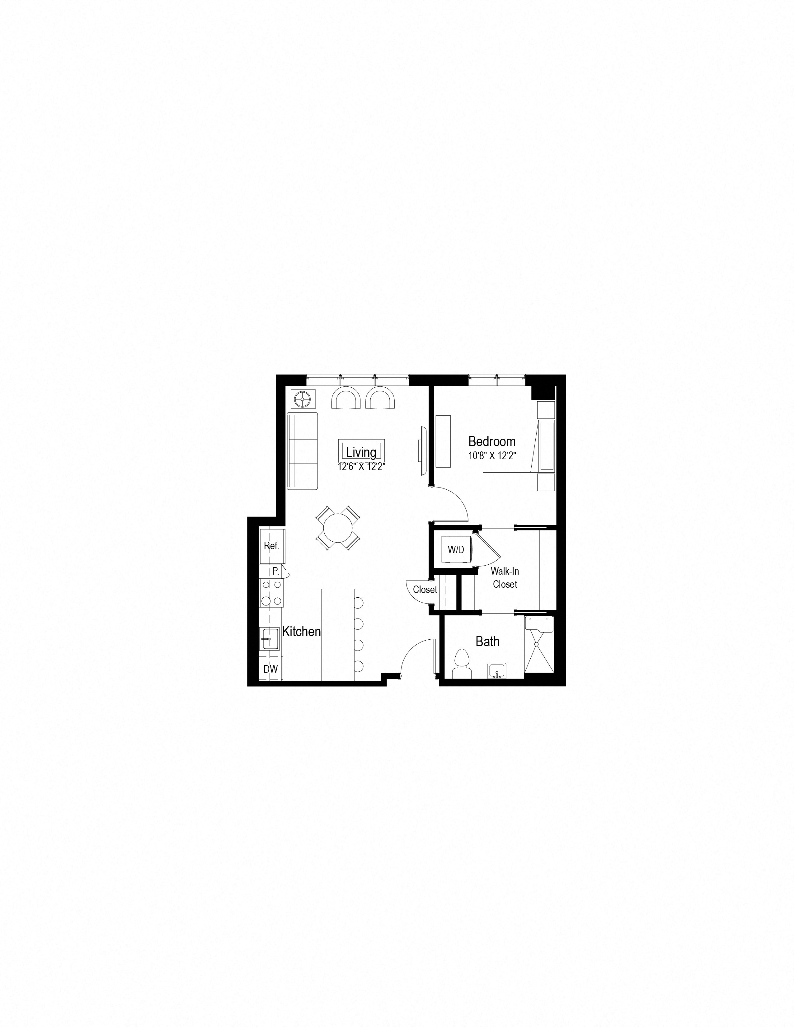 Floor plan for 1 bed, 1 bath, 684 sqft